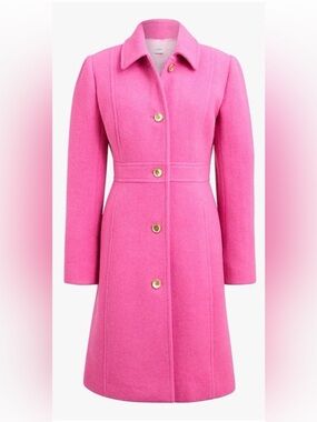 J. Crew Bright Pink Wool Trench Coat with Gold Buttons